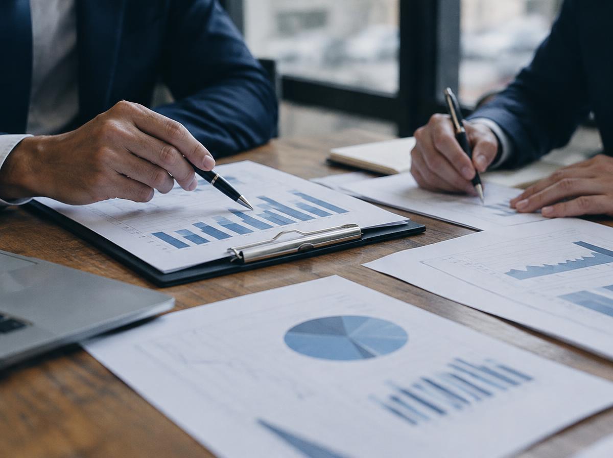 Professionisti al lavoro su grafici e documenti economici, immagine illustrativa